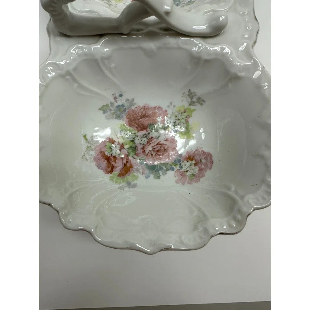 Vintage Porcelain Double Relish Dish Pink Roses Center Handle Scalloped Floral